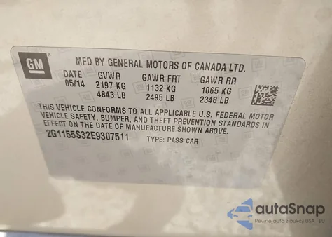 2014 Chevrolet Impala 2Lz from USA, damaged, VIN 2G1155S32E9307511